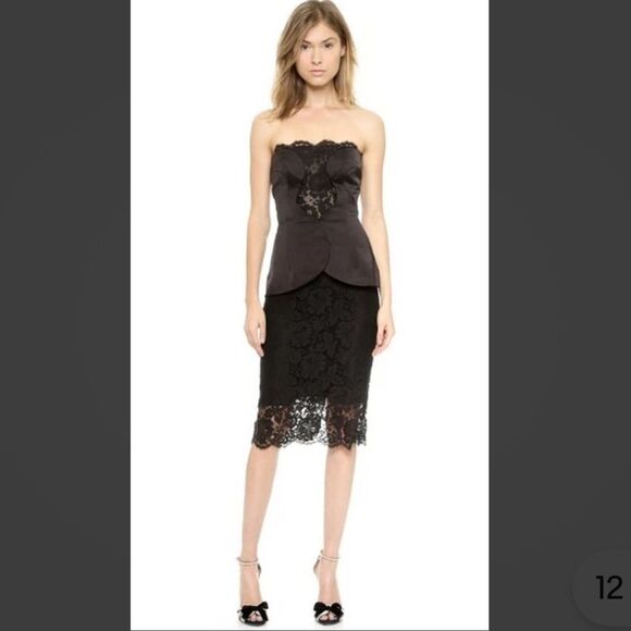 CUSHNIE ET OCHS Strapless Black Duchess Satin Lace Midi Dress Size 6 - Picture 6 of 15